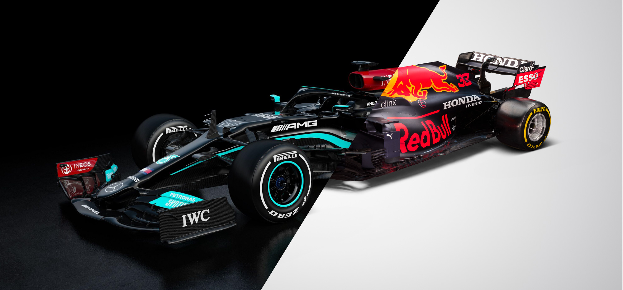 Mercedes and Red Bull F1 cars