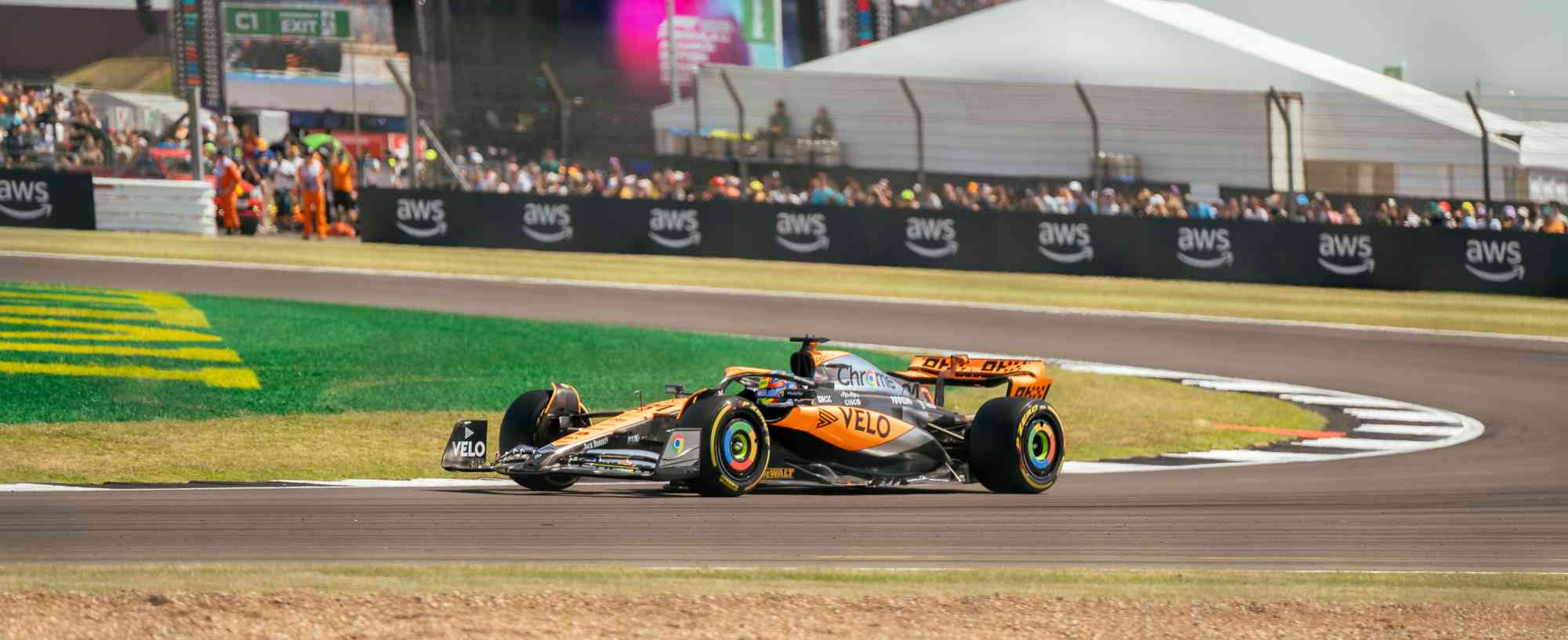 Oscar Piastri on the track in his mclaren at Silverstone