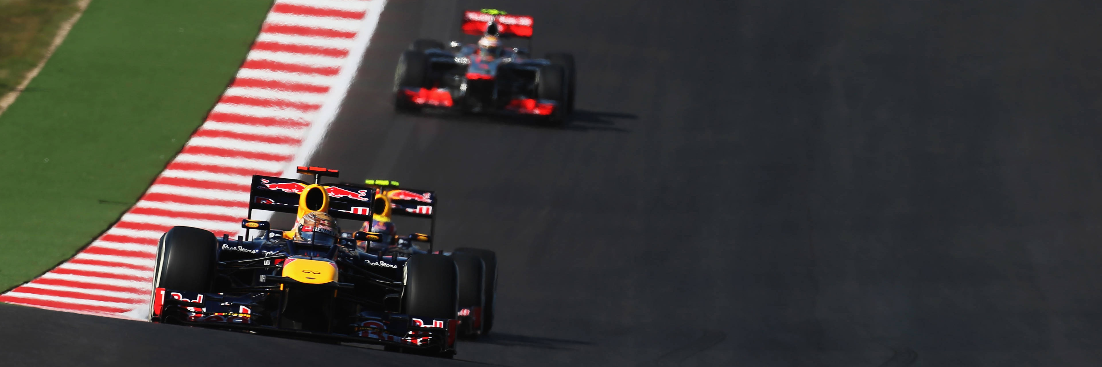 Sebastien Vettel leads Mark Webber and Lewis Hamilton at the 2012 United States Grand Prix
