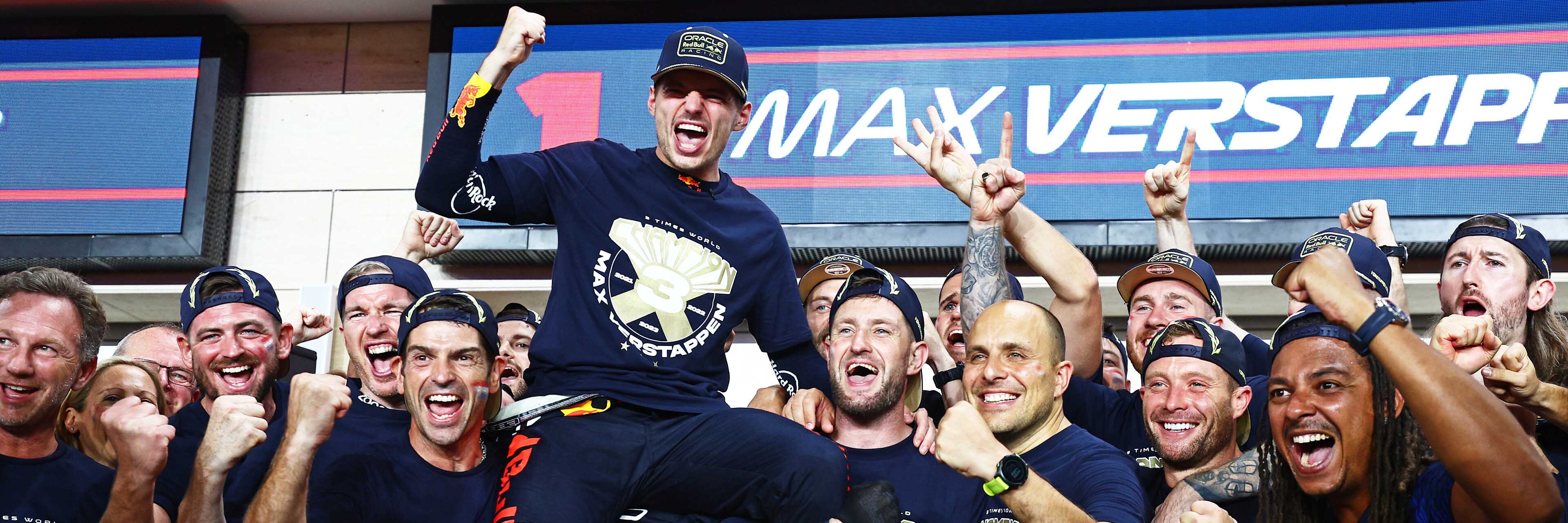 Max Verstappen and his Red Bull team celebrating the 2023 Drivers' title
