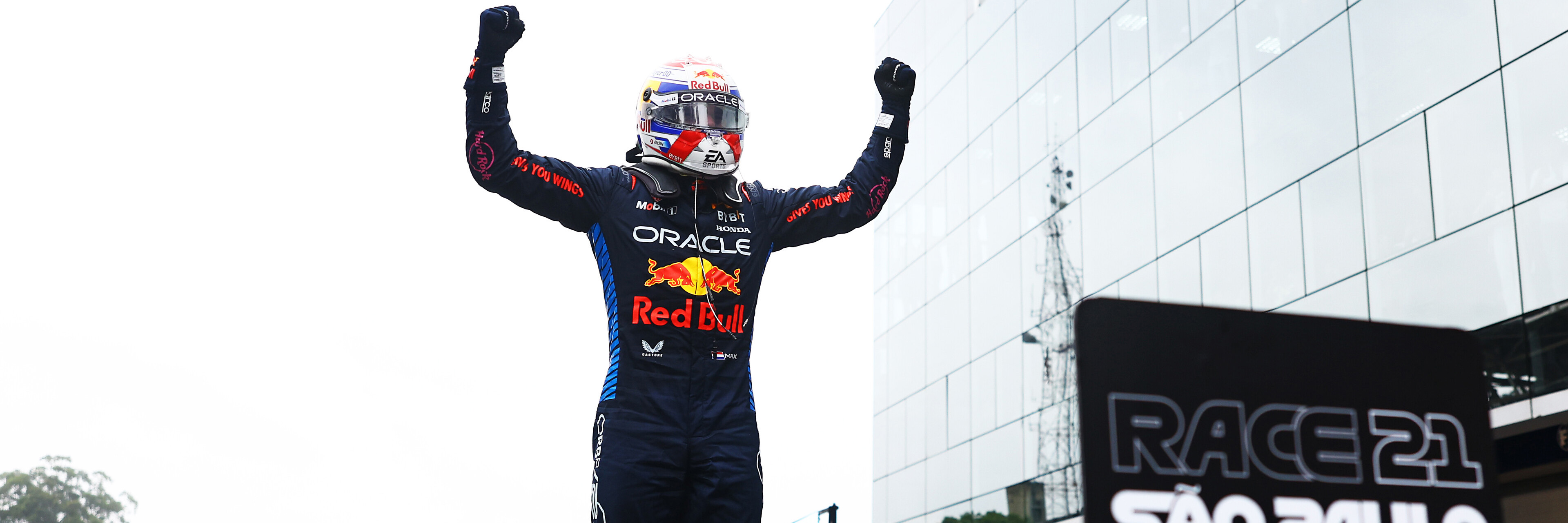 Max Verstappen celebrates winning the 2024 Brazilian Grand Prix