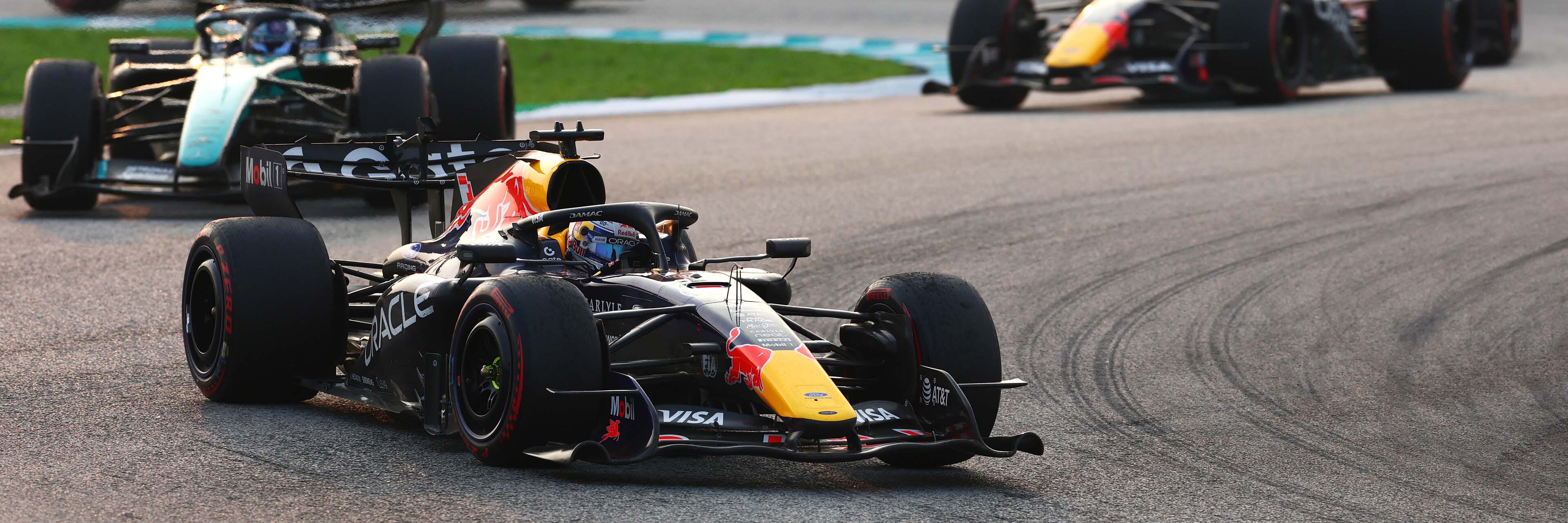 Max Verstappen on track in the 2026 Bahrain Grand Prix in Malaysia ahead of George Russell