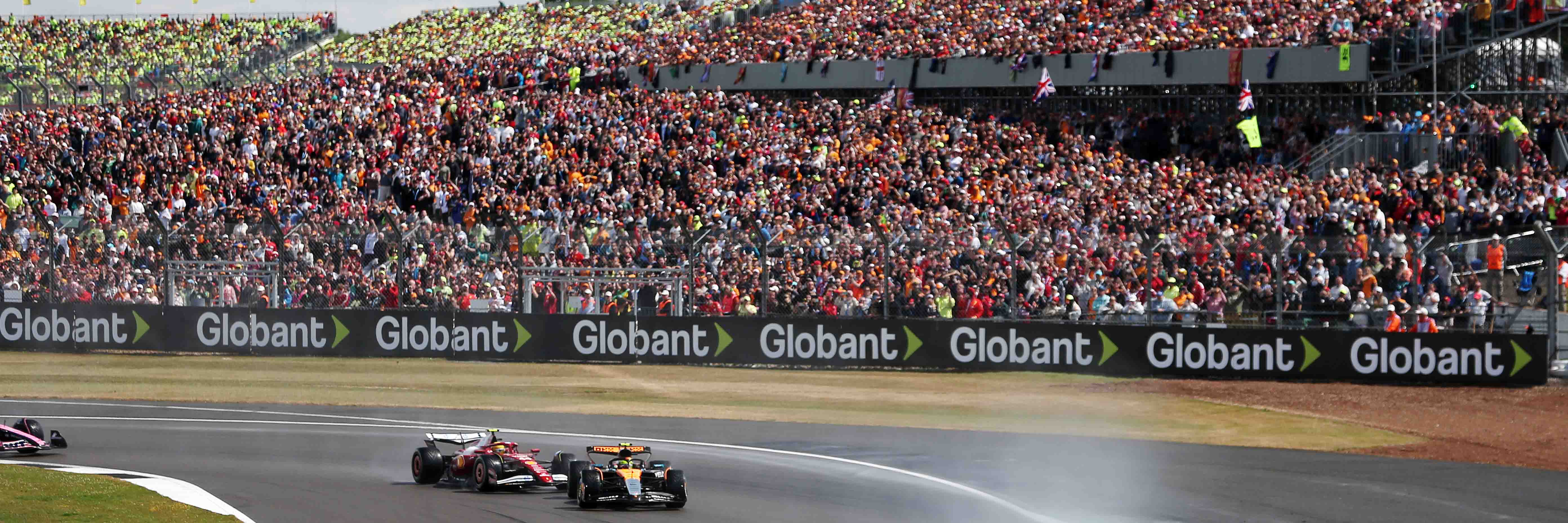 Cars at Club corner during the British Grand Prix