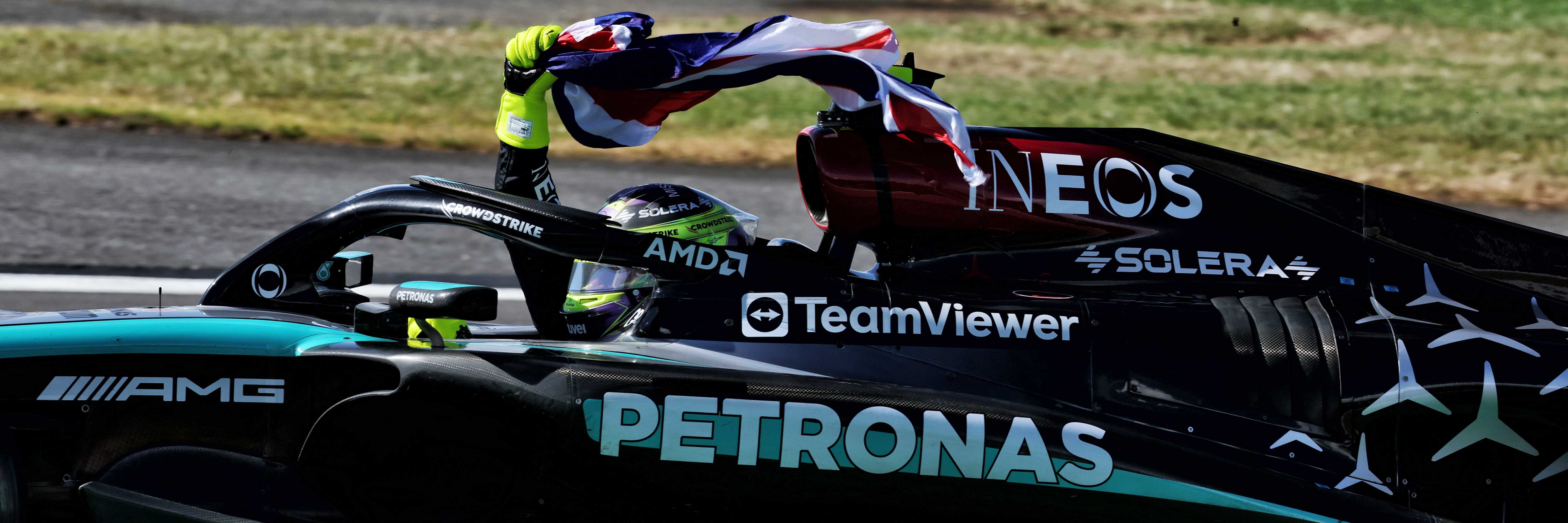 Lewis Hamilton celebrates winning the 2024 British Grand Prix