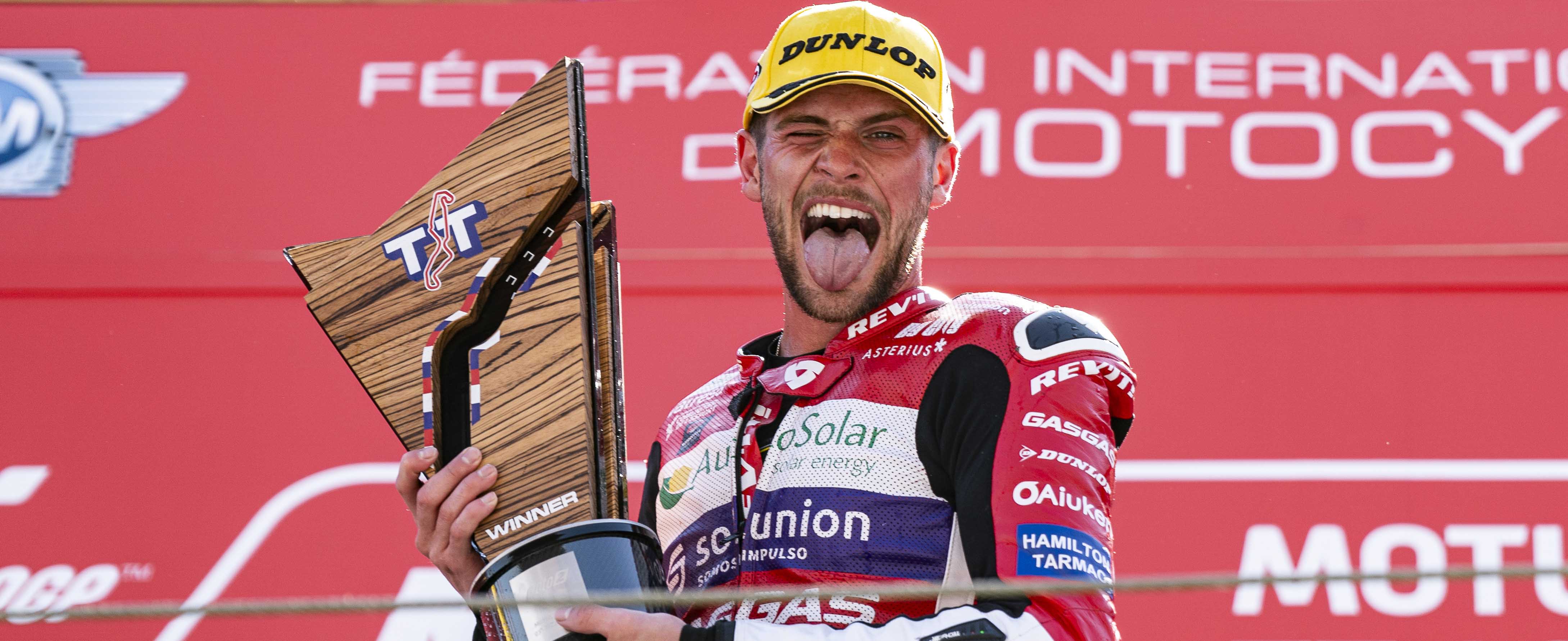 Jake Dixon on the podium after winning the Moto2 race at Assen