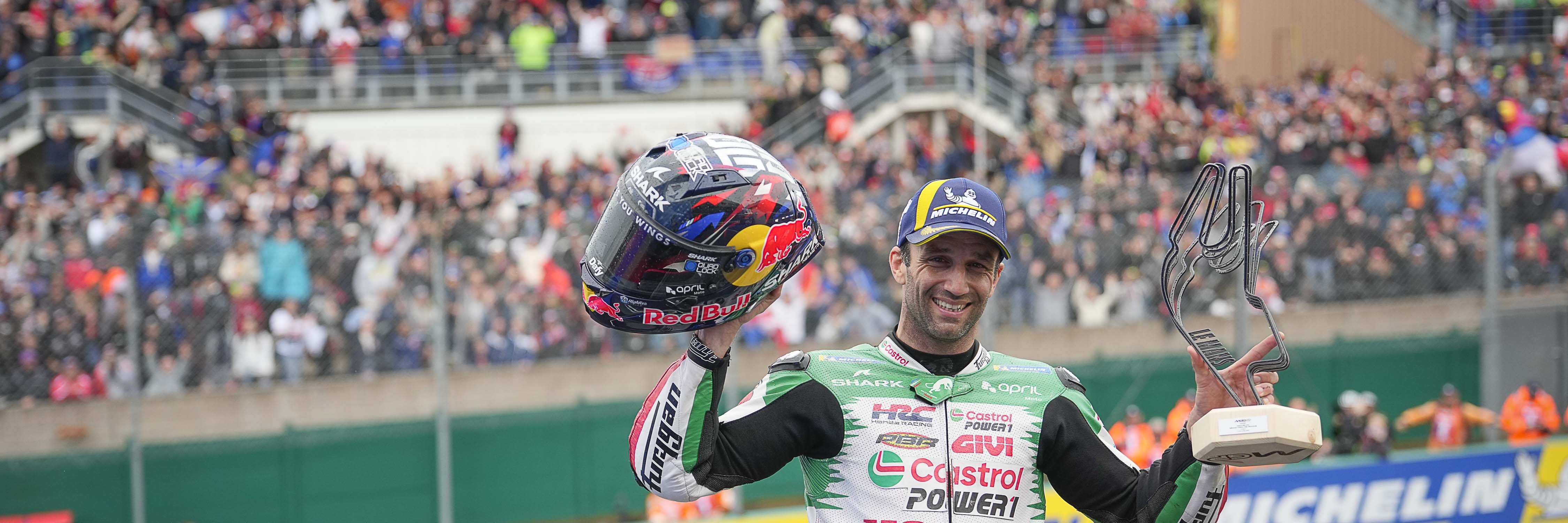 Johann Zarco on the podium for the 2025 French Grand Prix MotoGP