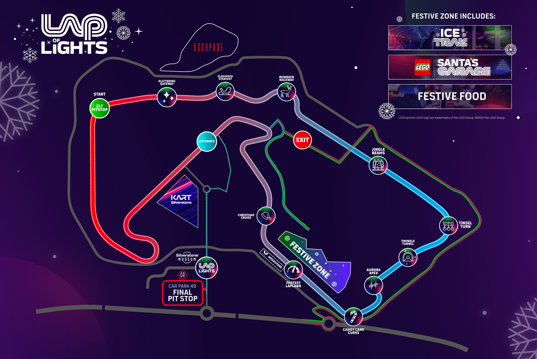 lap of lights light trail northampton route image showing where each of the lighting activations are taking place. The light trail starts with Elf Pitstop, working its way around the British Grand Prix circuit for the 10 activations before finishing opposite the Christmas experience focused Festive Zone. 