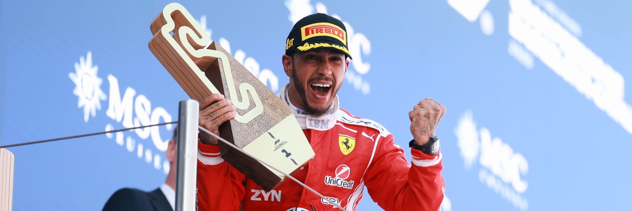 Lewis Hamilton celebrates his first win for Ferrari at the Barcelona Grand Prix