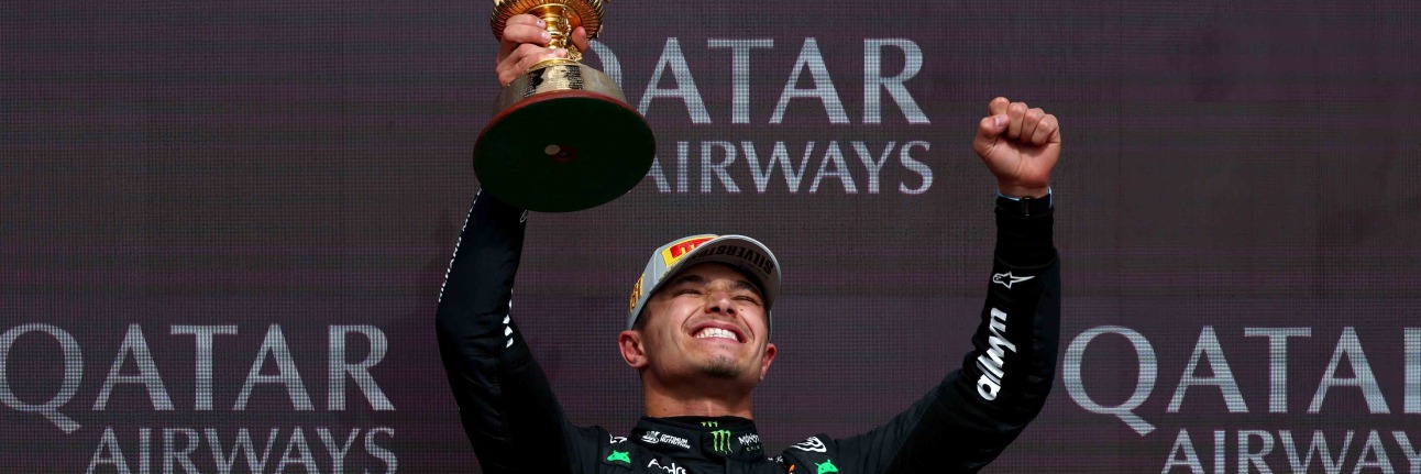 Lando Norris celebrates winning the F1 2025 British Grand Prix in front of his home crowd