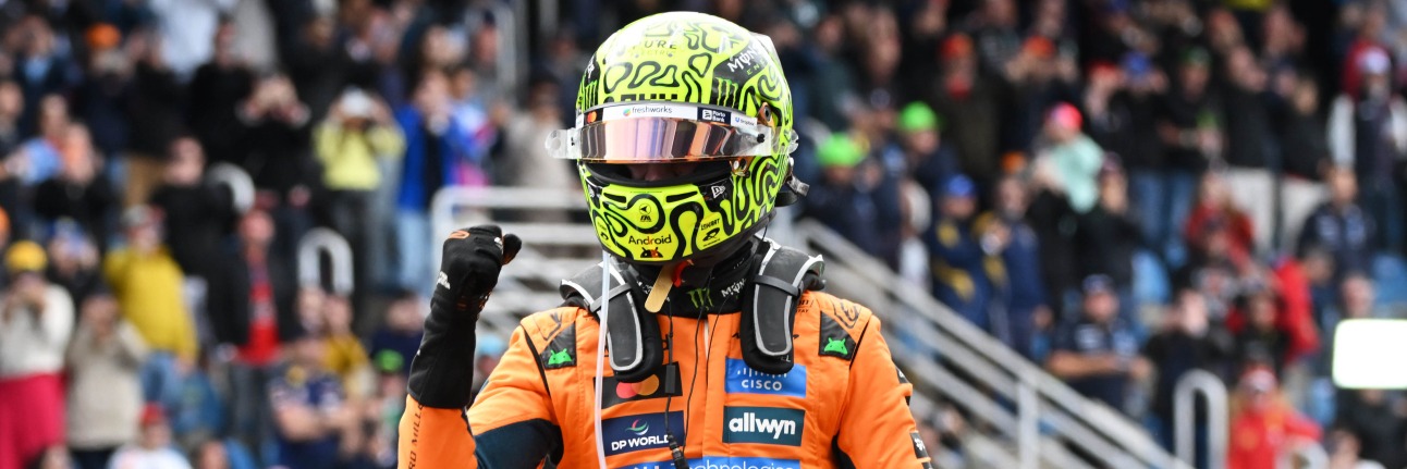 Lando Norris celebrates after winning the Brazilian Grand Prix