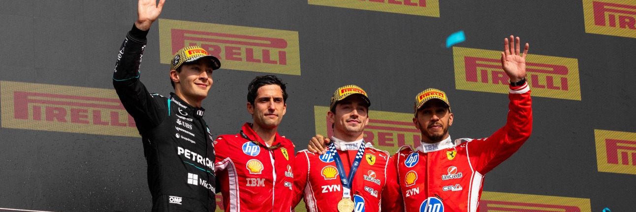 George Russell, Charles Leclerc and Lewis Hamilton on the 2026 British Grand Prix podium at Silverstone