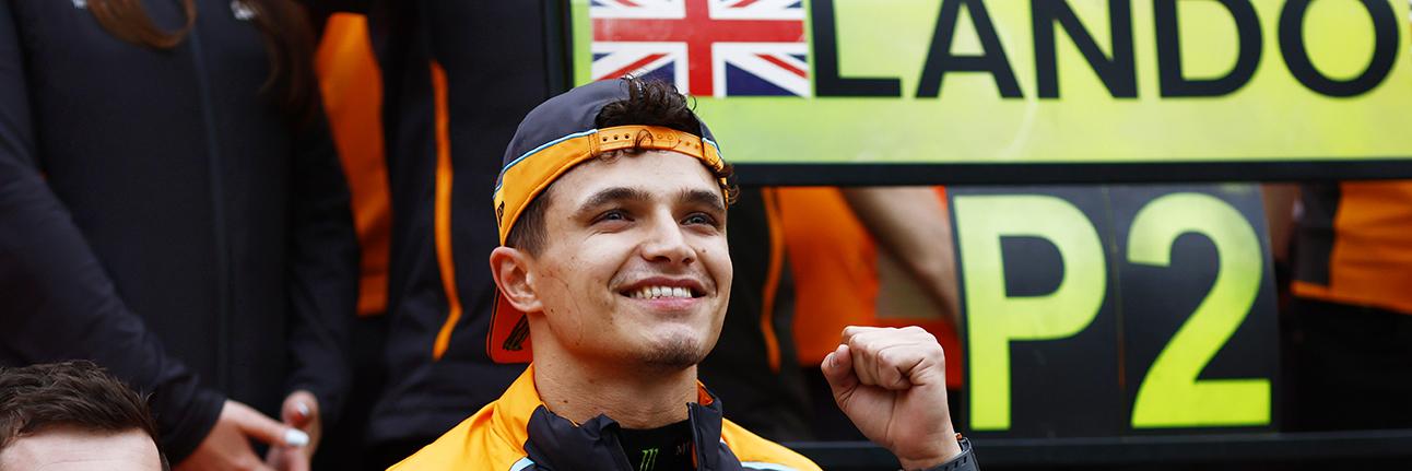 Lando Norris celebrating his second place finish at the Chinese Grand Prix