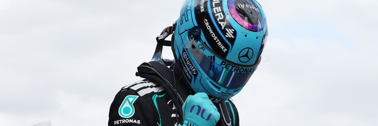 George russell celebrates wearing helmet and race suit after Qualifying at Australian Grand prix