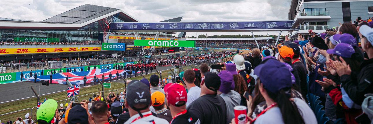 Crowds overlooking the Hamilton Straight before the start of the 2023 British Grand Prix
