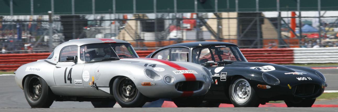Two classic Jaguar E-Types competing at The Classic, Silverstone