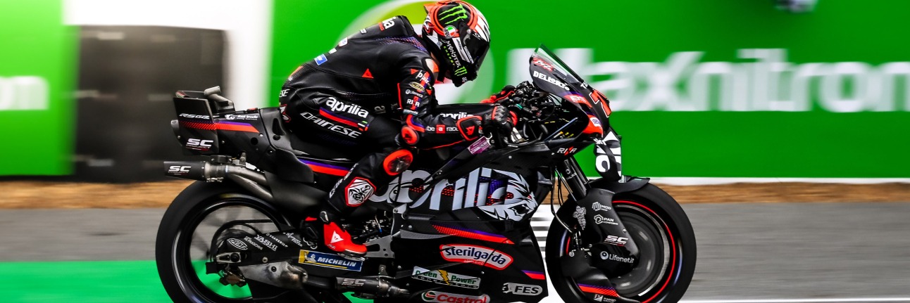 Marco Bezzechi riding the 2026 Aprilia MotoGP bike with the F1-inspired F-duct
