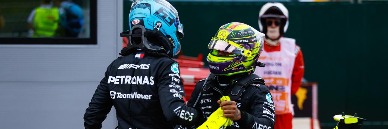 Lewis Hamilton and George Russell shaking hands after a Grand Prix