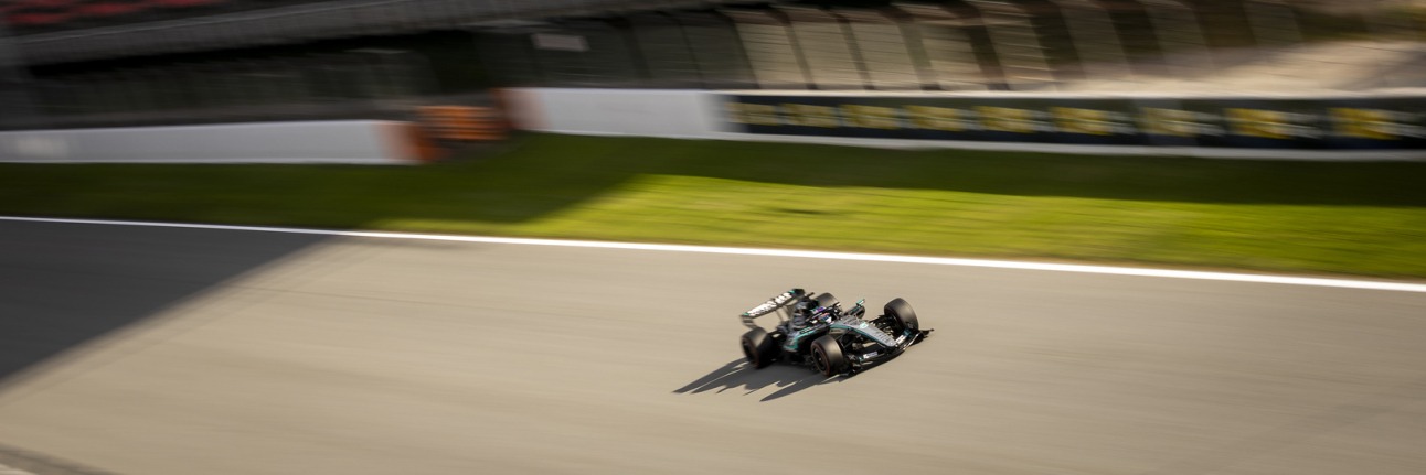 A Mercedes F1 car at the 2026 Barcelona shakedown test