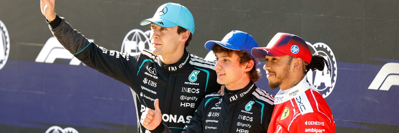 Kimi Antonelli, George Russell and Lewis Hamilton after an F1 session