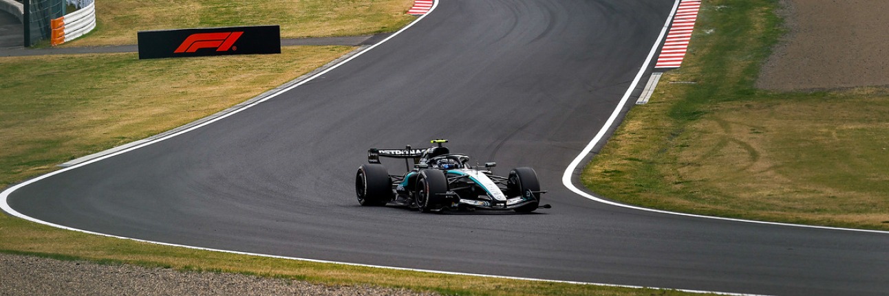 A Mercedes F1 car on track in the 2026 season