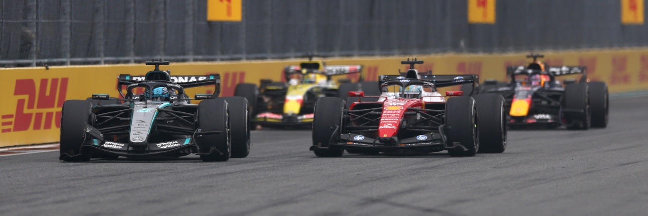 Lewis Hamilton and George Russell go wheel-to-wheel in Miami 