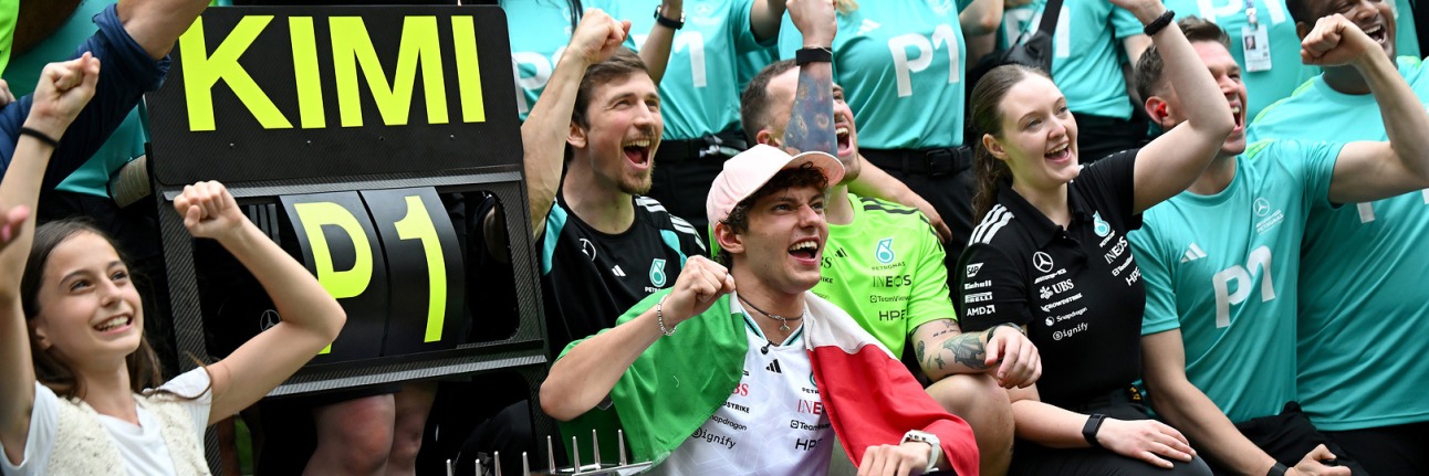 Kimi Antonelli with the Mercedes F1 team celebrating his 2026 Miami Grand Prix victory