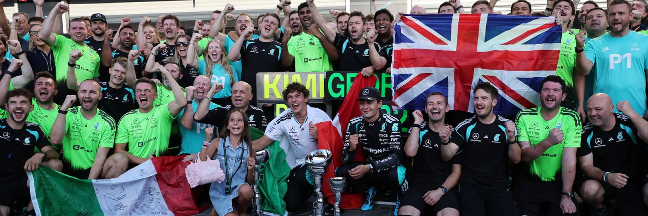 Kimi Antonelli celebrates his 2026 Italian Grand Prix victory with Mercedes