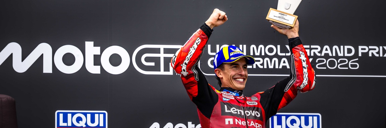 Marc Marquez on the MotoGP podium after winning the German Grand Prix