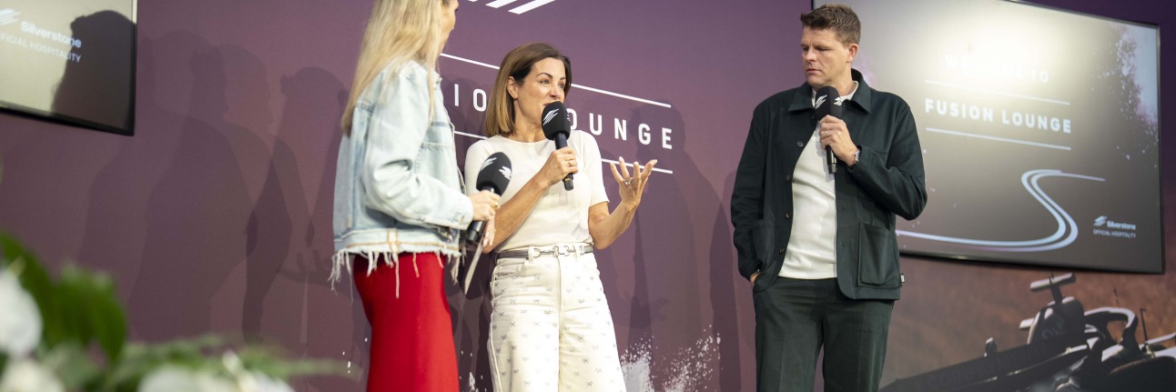 Sky Sports F1 presenter Natalie Pinkham hosting British Grand Prix hospitality guests in the Fusion Lounge