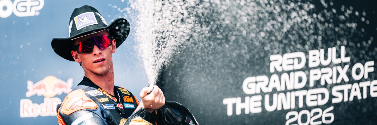 Pedro Acosta on the MotoGP podium at Circuit of the Americas