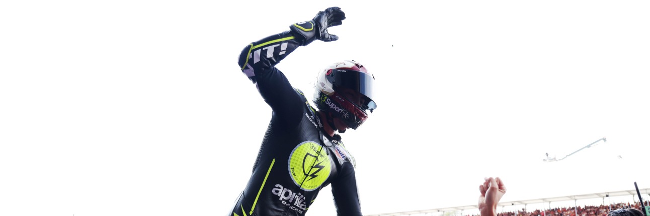Raul Fernandez celebrates victory at Silverstone