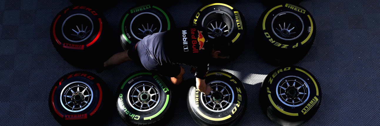 F1 Pirelli tyres being prepared before a session