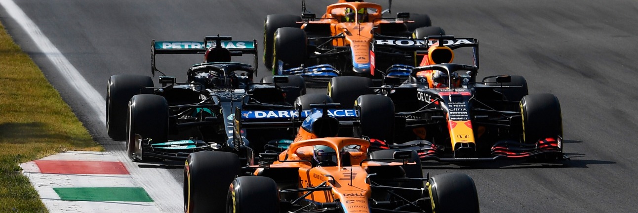 Lando Norris, Lewis Hamilton, Max Verstappen and Daniel Ricciardo in the 2021 Monza Grand Prix