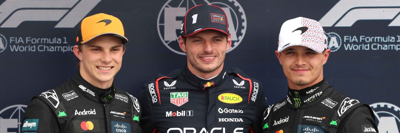 Max Verstappen celebrates pole position at the 2025 British Grand Prix ahead of Oscar Piastri and Lando Norris