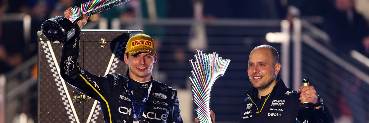 Max Verstappen celebrates victory at the Las Vegas Grand Prix