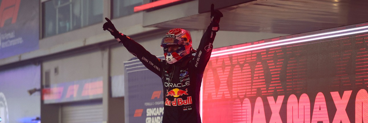 Max Verstappen celebrates winning the 2026 Singapore Grand Prix