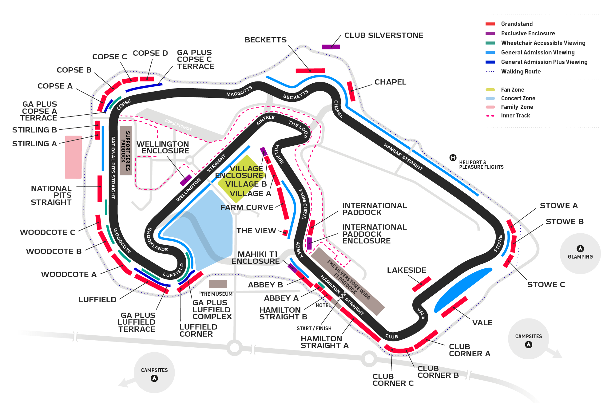 A track map for the Silverstone circuit showing each corner and stands.