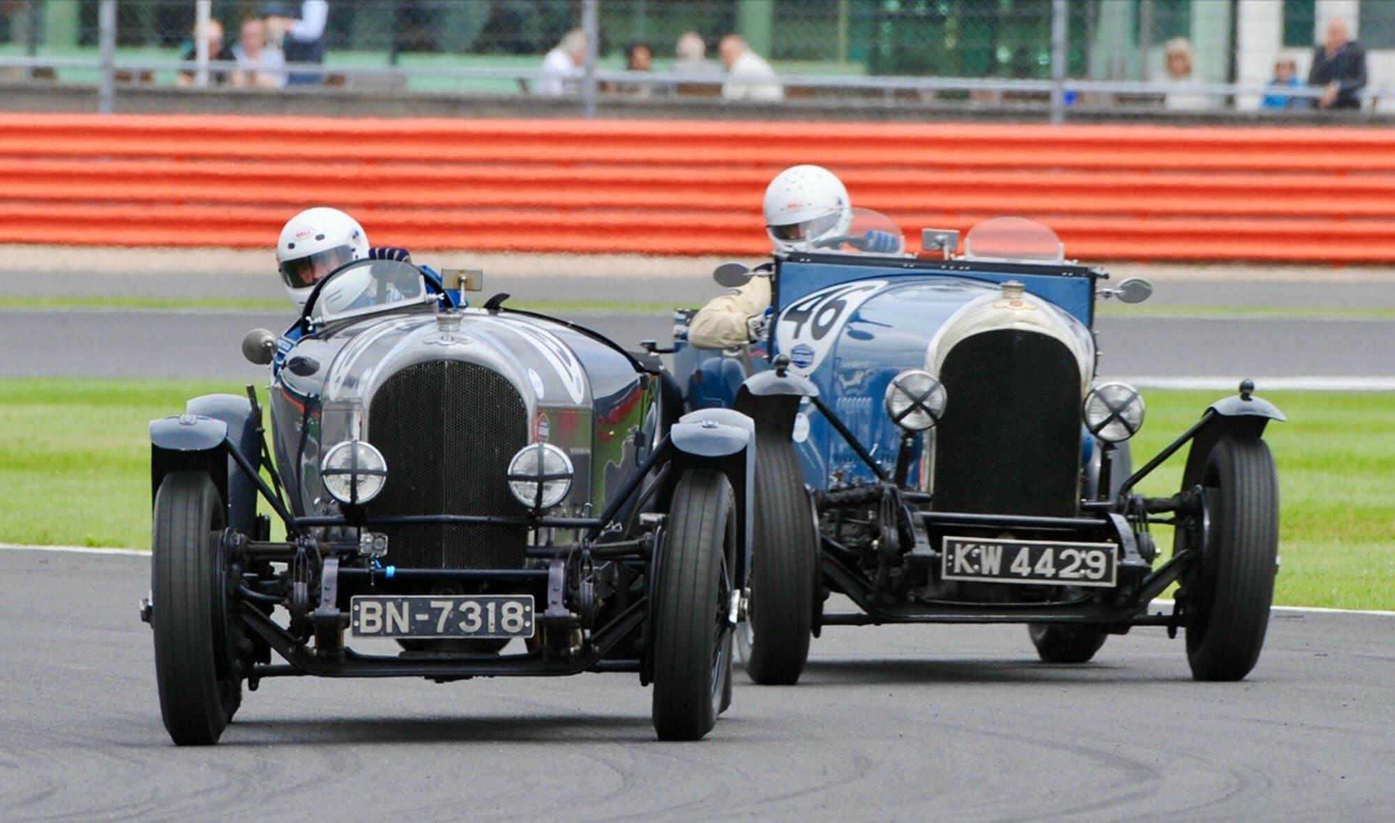 Two pre war sports cars competing in the pre war sports cars grid at The Classic at Silverstone