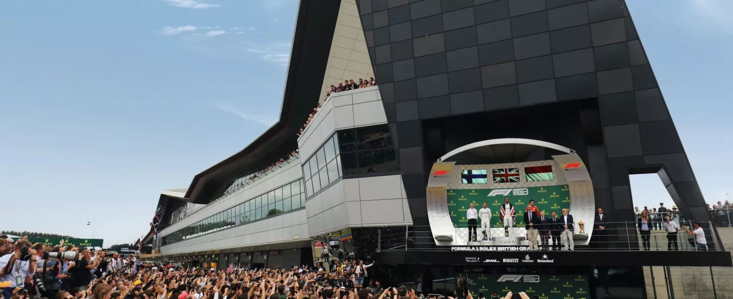 Lewis Hamilton on the podium at Silverstone